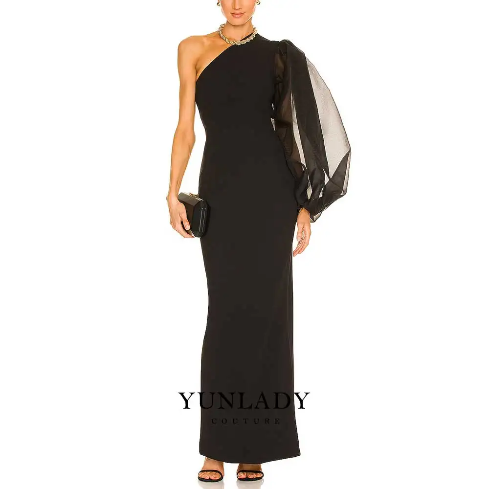 

YUNLAN Sexy black One-Shoulder Evening Dress Tulle Perspective Sense Bubble Sleeve Luxury Saudi Arabia Formally Evening Gown