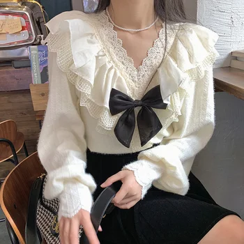 Deeptown-Blusa plisada de encaje para mujer, blusa Vintage con volantes y cuello en V, estilo coreano, Kawaii, manga farol, suave, 2022 1