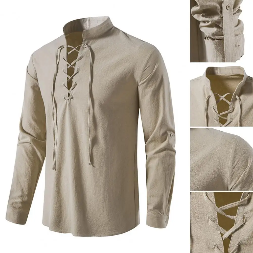 

2022 New Men's V-neck shirt T-shirt Fashion Vintage Thin Long Sleeve Top men Casual Breathable Front Lace Up man Shirts