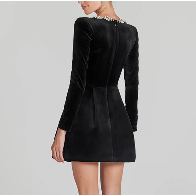 Elegant Rhinestone Decor Velvet Mini Dress Black Square Neck Long Sleeve High Waist A-line Dresses Lady Evening Party Gown