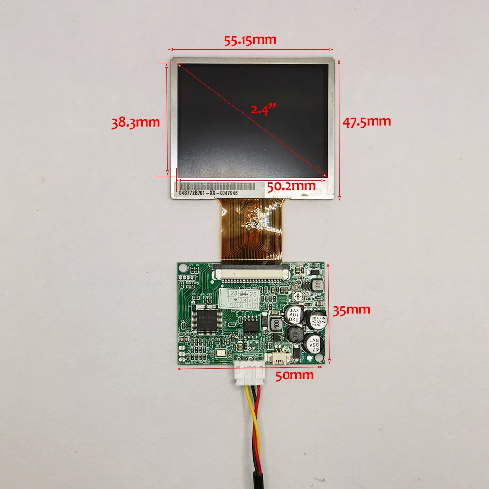 Écran TFT LCD 2.4 pouces A024CN02 montrant une interface de test en NTSC/PAL, utilisé pour drone FPV