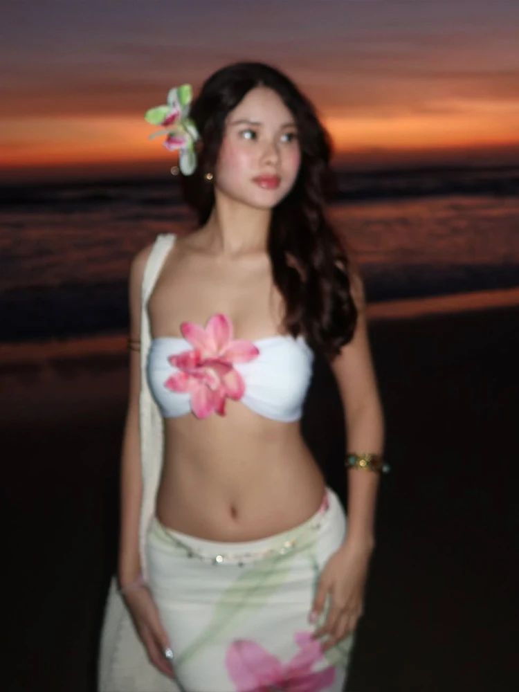 Nibber Pretty Women Two-Piece Set 3d Flowers Bandeau Mini Top+See Through Print Bottoms Thin Vacation Beach Party Matching Suits