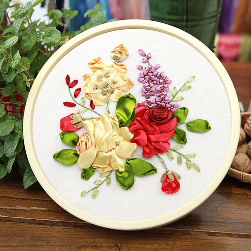 Silk Ribbon Embroidery Kit Handmade DIY Material Pack Flower Pattern Su Embroidery Set Semi finished Sewing Home Decoration