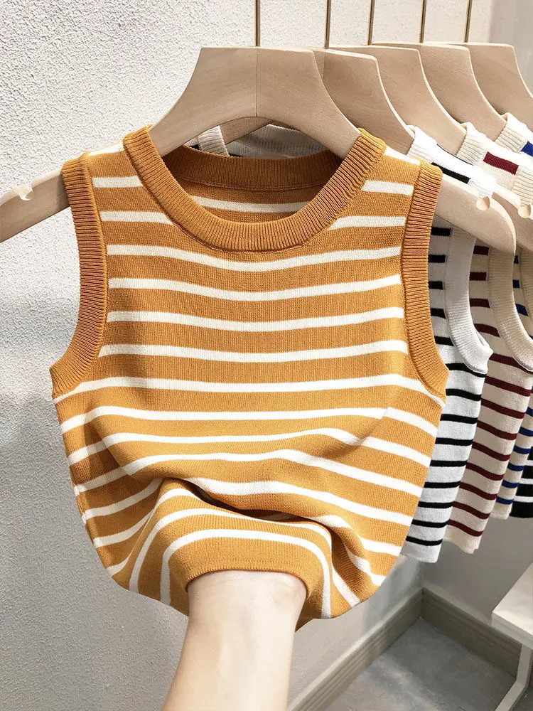 

Sleeveless Striped Camisole Women's Summer Ice Silk Bottom Top Design Chic Vest