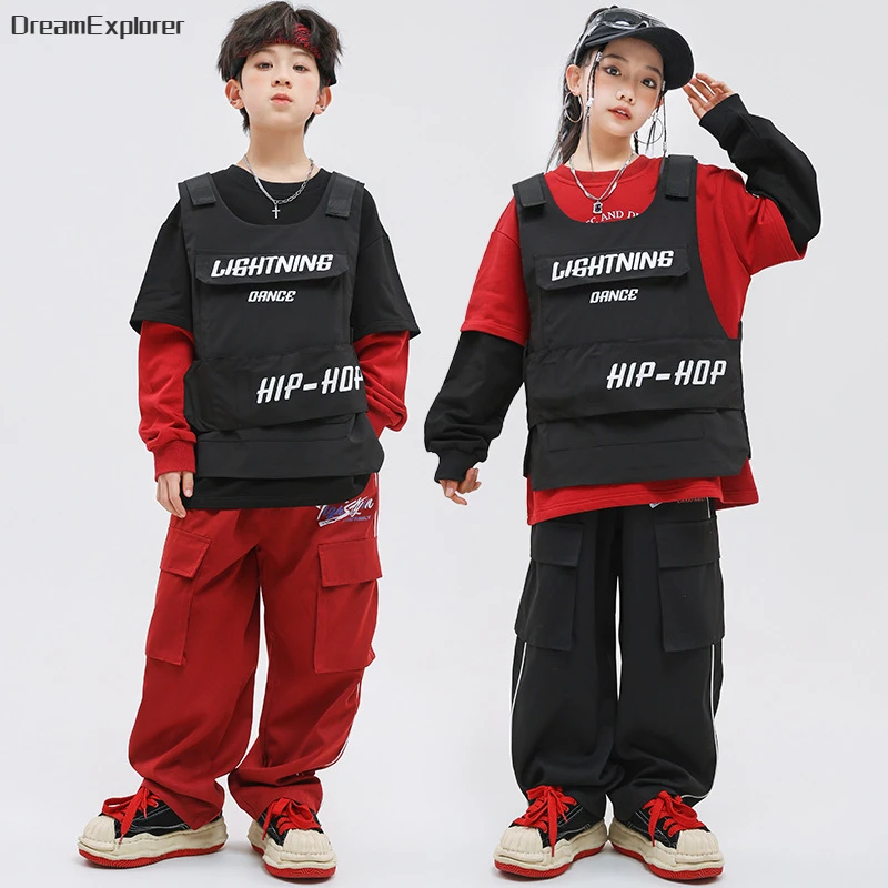 Boys Hip Hop Vest Contrast Sweatshirt Cagro Pants Girls Streetwear Child Street Dance Fake Two Piece Top Kids Jazz Clothes Sets