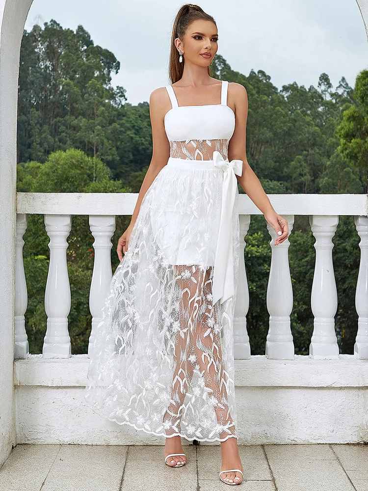 

Sexy Sleeveless White Floral Embroidery Patchwork Maxi Dresses for Women Elegant Summer Bows Holidays Evening Party Long Dress