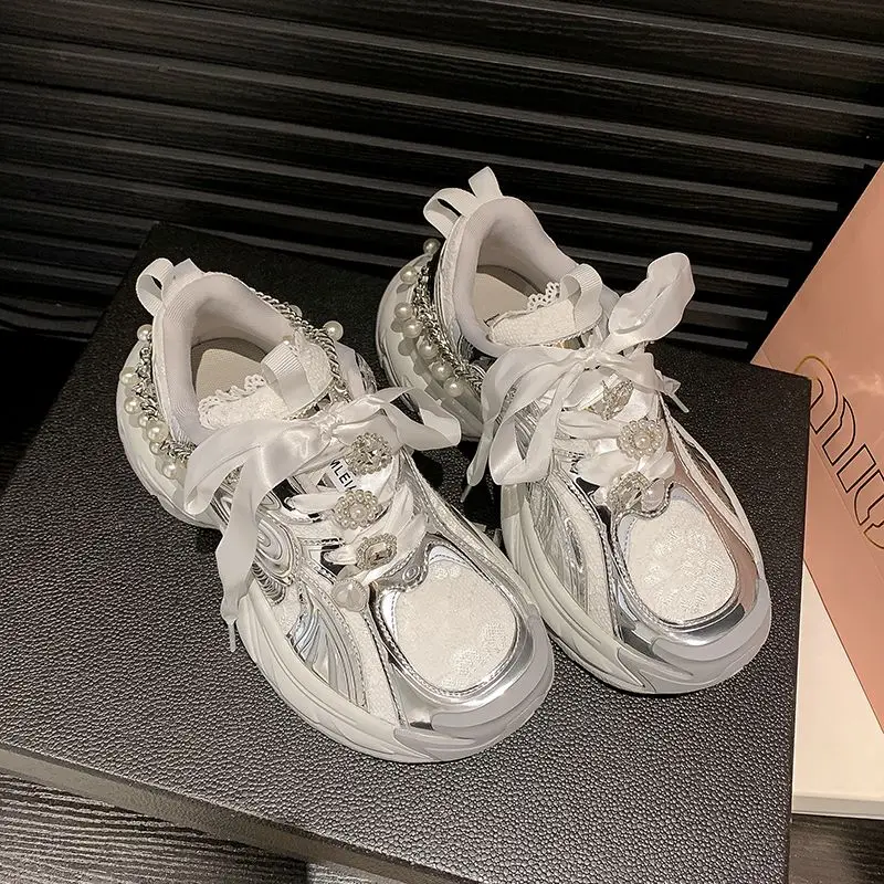 New Women's Fashion Thick Sole Heightened Silver Dad Shoes Mesh Breathable Casual Sports Shoes 5
