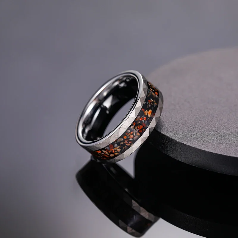 Somen 8mm Tungsten Wedding Rings For Men Dinosaur Bone Metal Slag Inlaid Hammered Edge Engagement Men's ring Fashion Jewelry 3