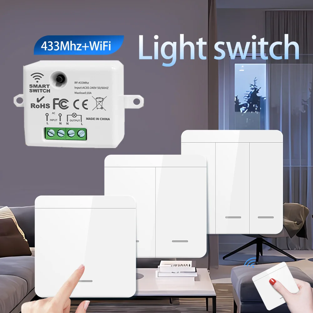 Wireless Light Switch 10A 110V 220V RF433 Module Remote Control 1/2/3 Gang Wall Light Bulb Chandelier