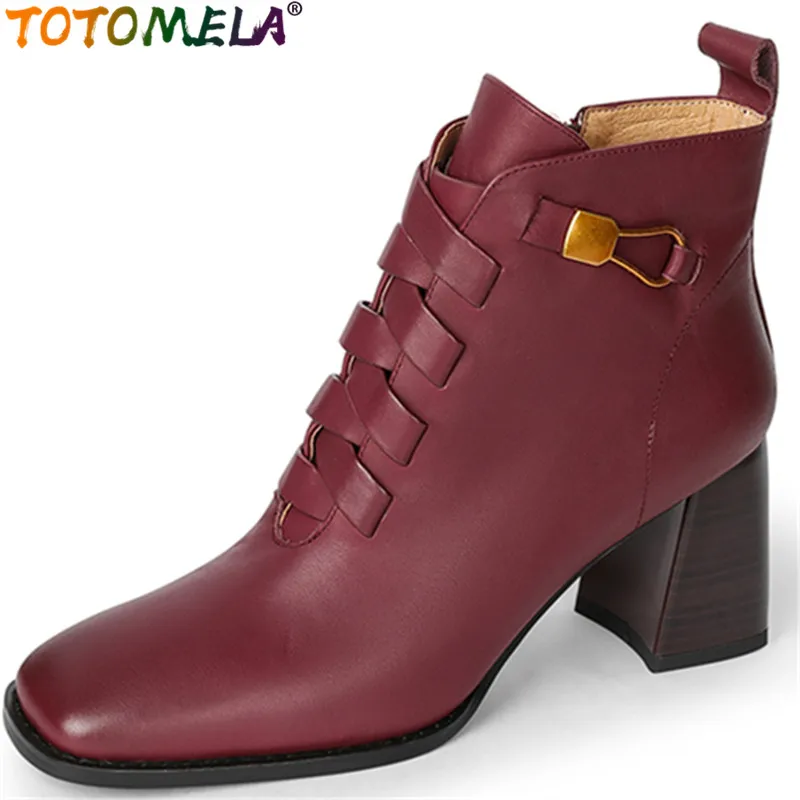

TOTOMELA 2022 New Hot Sale Winter Genuine Leather Women Boots Thick High Heels Shoes Retro Zipper Ankle Boots
