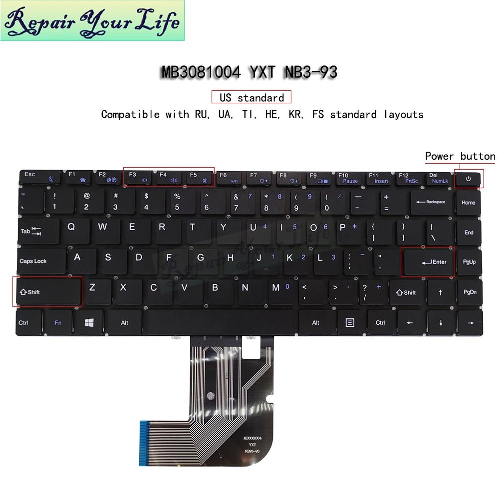 Teclado Portátil para Hometa Alfa 130p Eua Teclados Inglês Yxt-nb93-93 Fit para Russo Árabe Hebraico Mb3081004 Mb3081004