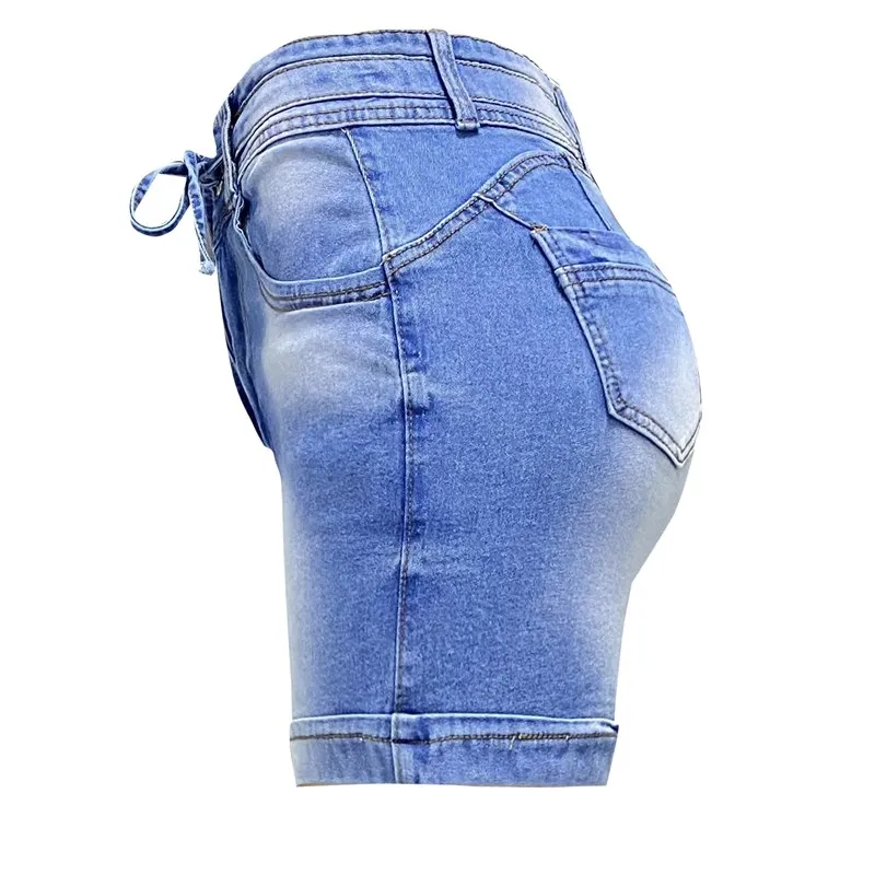 2024 New Casual High Waist Denim Shorts Pocket Zipper Tied Detail Design Above Knee Daily Women's Fashion Skinny Denim Short