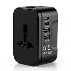 Universal 5 - in - 1 Fast Charging Travel Adapter with USB and Type C Ports - 100 - 240V (Black)