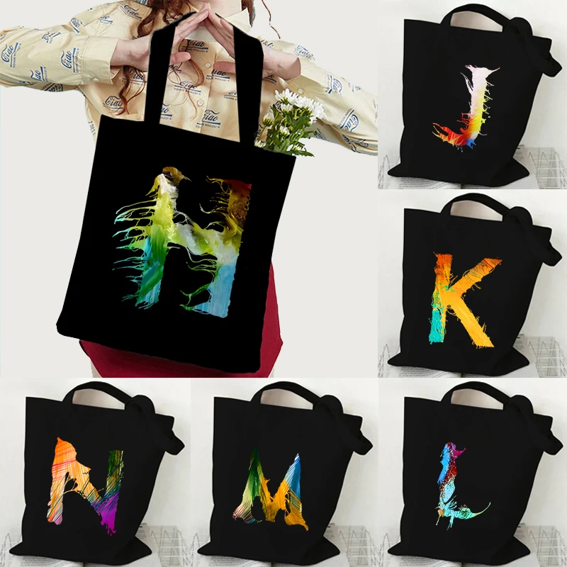 

Color Alphabet Canvas Women's Shoulder Bag Cool Punk 26 Letter Books Tote Bags Y2K Aesthetics High-capacity Reusable Men Handbag
