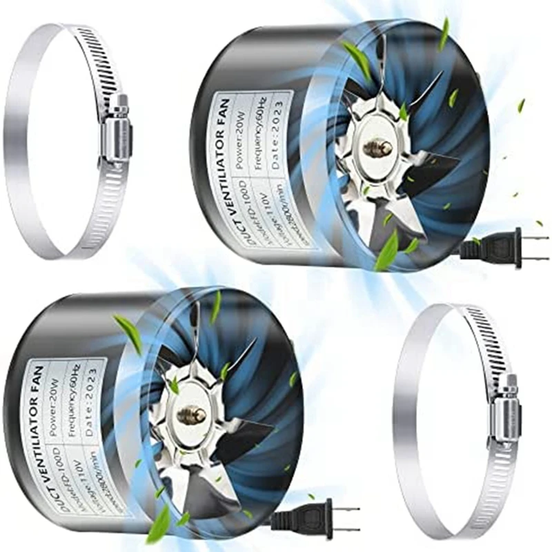 

2 Pack 4 Inch Inline Duct Fans with Duct Clamps,110 CFM Ventilation Exhaust Fans HVAC Vent Blowers for Grow Tent US Plug