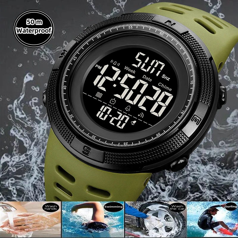 Skmei Dual Time Zone Mens Military Sports Watch 12/24 Hour Format Fashion TPU Band Big Size Dial Led Swimming Digital Wristwatch 5