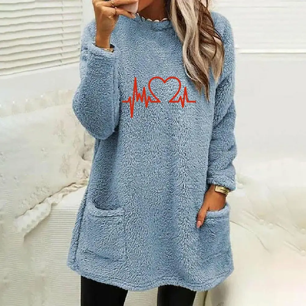 

Fat-covering Sweatshirt Heart Print Women's Sweatshirt Cozy Stylish Mid-length Pullover with Pockets Soft Warm Loose-fitting Top