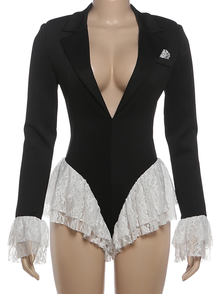 Nibber Hot Girls Flared Sleeve Bodysuits Woman Lace Patchwork Low-Neck Contrast Design Ruffles Hem Street Sexy Fashion Bodycon