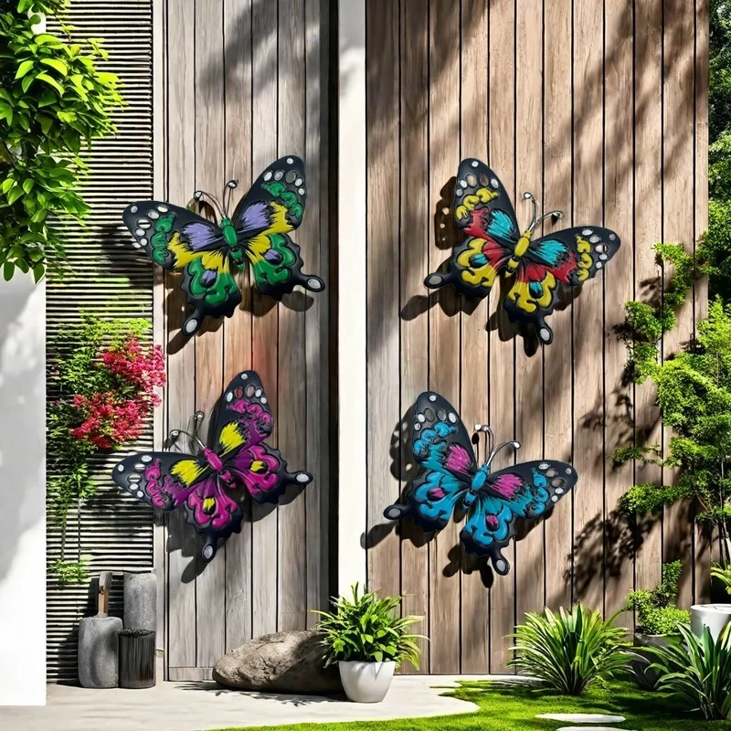 Iron Butterfly Wall Art Decor 4pcs Set-No Electricity Needed Decorative Hanging Metal Butterflies for Garden, Yard, Living Roo butterfly decoration garden art decor animal sculpture decorations