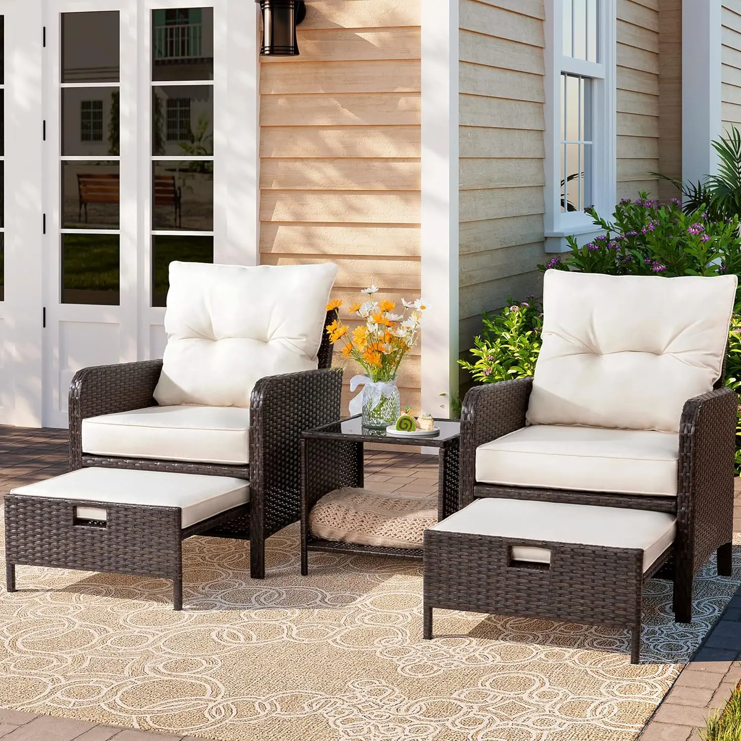 

5 Piece Wicker Patio Furniture Set All Weather PE Wicker Rattan Outdoor Chair and Ottoman Set Small Cushioned Patio Chairs with