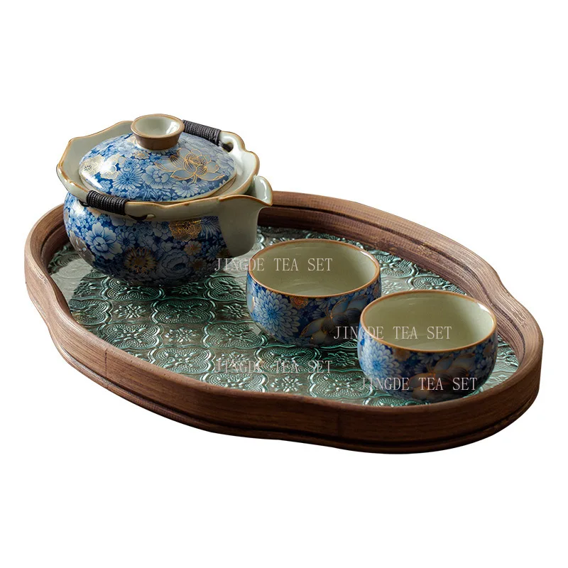 Ceramic Flowers Ru Kiln Handmade Pot Home Tea Tasting Cup High end Kung Fu Tea Set