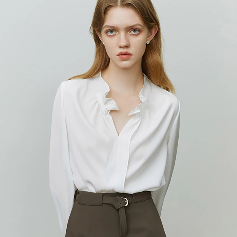 

YCMYUNYAN-Satin Solid Blouse for Women, Loose White Casual Shirt, Long Sleeves, Elegant Top, New Folds Clothing, Summer Fashion