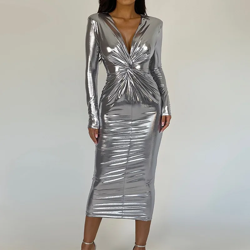 Ruched V-neck Long Dress Monochromatic Sexy Slim Fit Long Sleeve Streetwear Party Club Winter New Fashion 2023