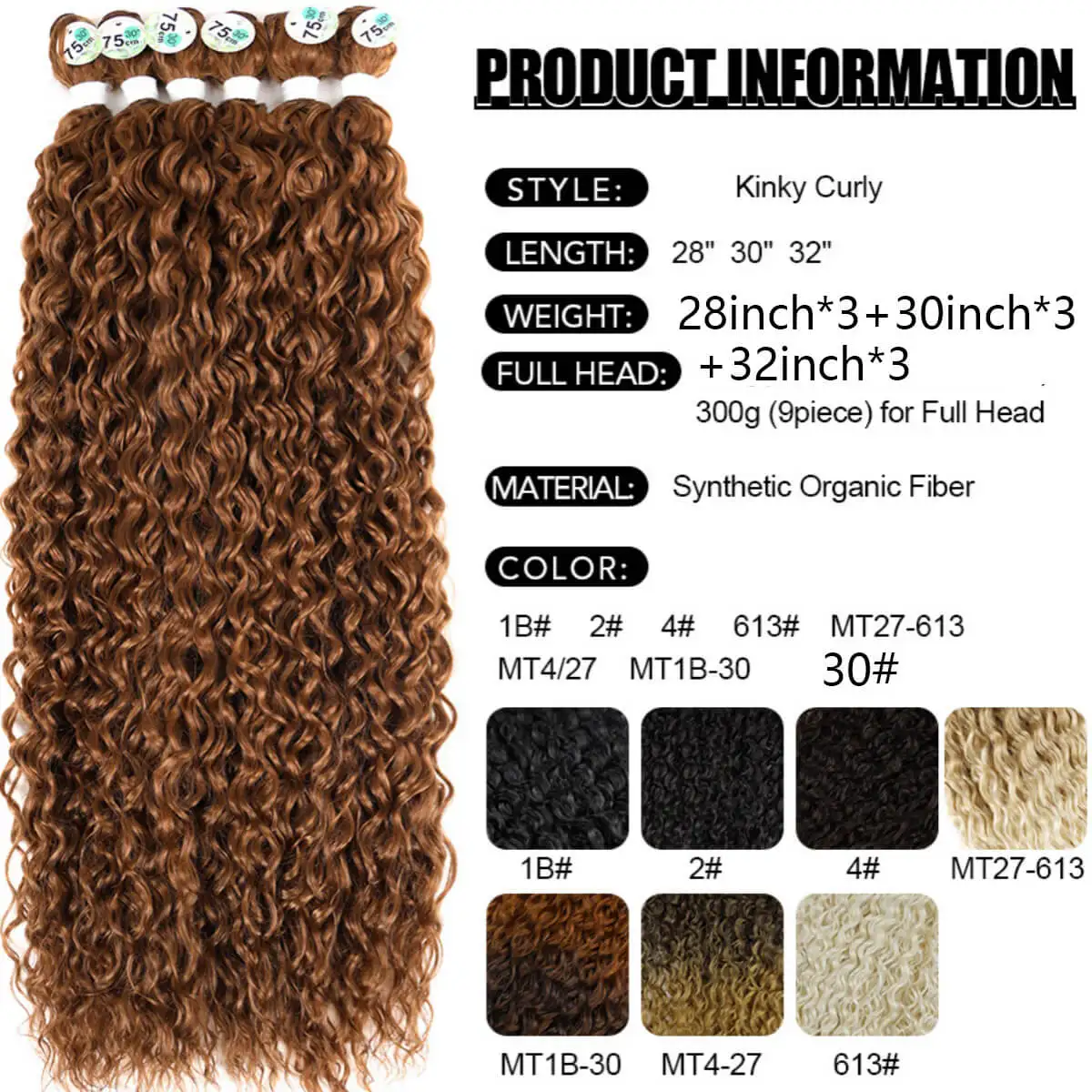 Synthetic Long Kinky Curly Hair Extensions Jerry Curl Orange Fake Crochet Bundles for Women Heat Resistant Wave Hair