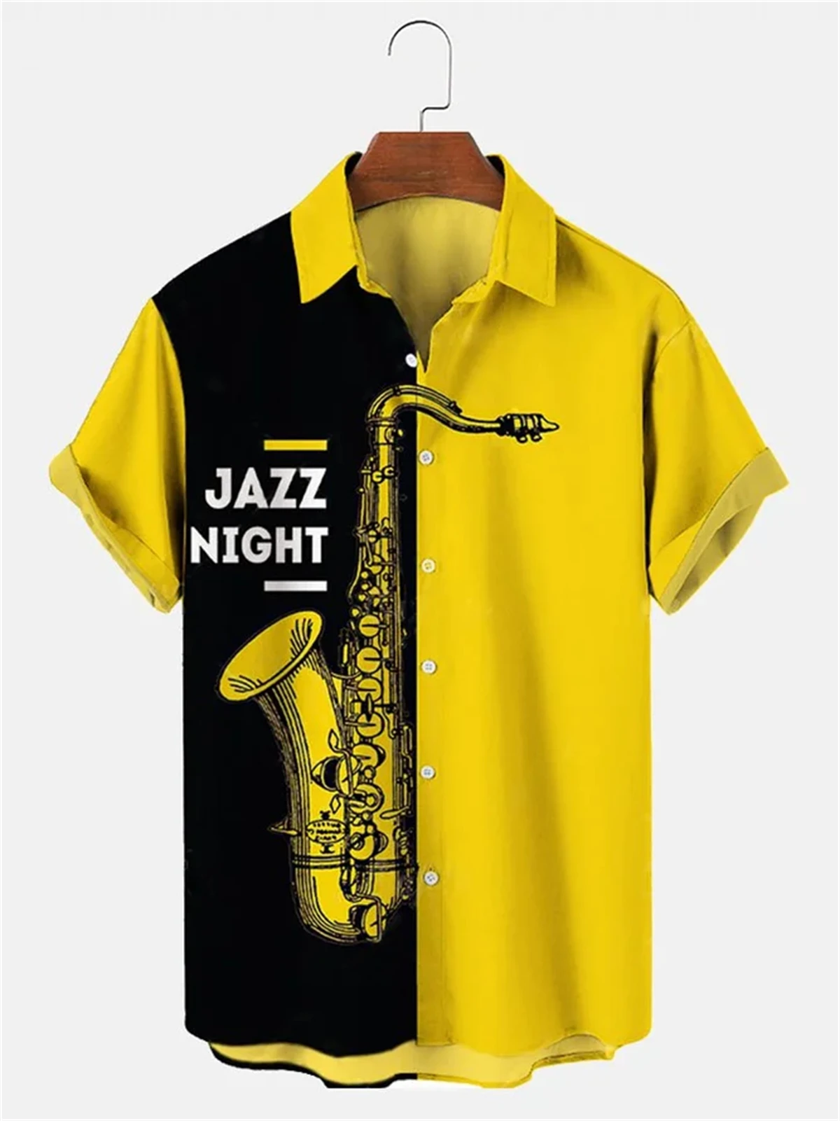

Гавайский принт Мужская рубашка с коротким рукавом с принтом саксофона мужская модель 2024 Новая повседневная мужская рубашка большого размера
