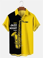 Hawaiian Print Men's Short Sleeve Shirt Saxophone Print Men's Lapel Top 2024 New Large Size Casual Men's Shirt 1