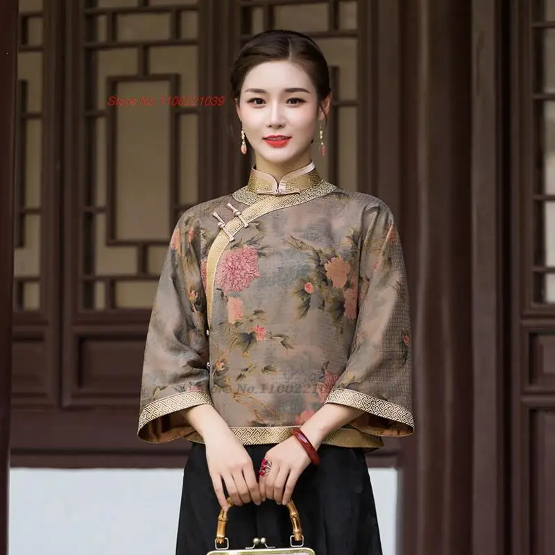 lokalisere Sightseeing vanter 2023 chinese traditional qipao blouse national flower print satin blouse  cheongsam ladies satin blouse oriental retro tang suit