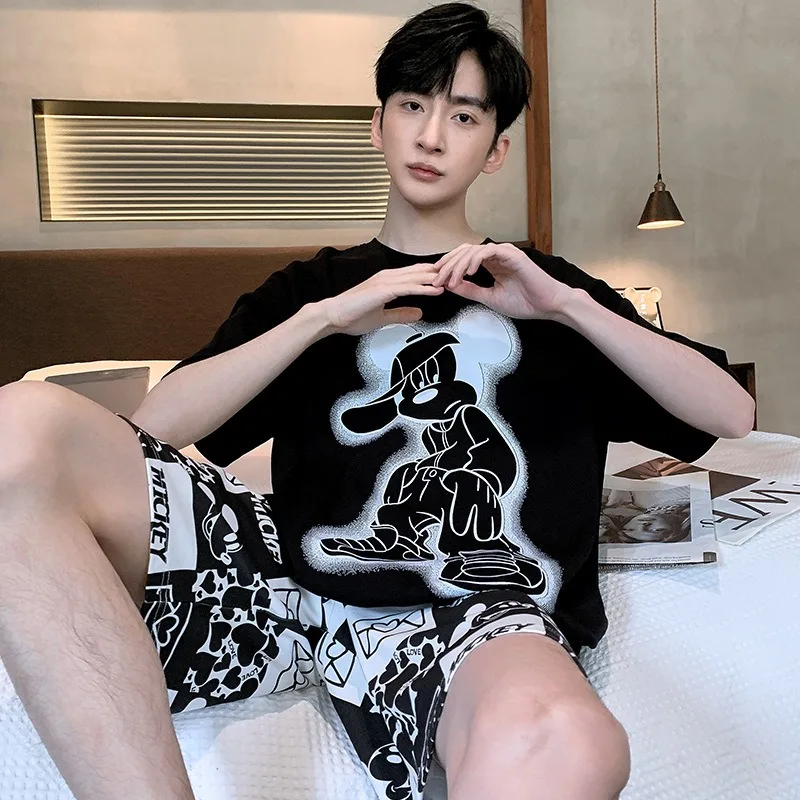 Pure Cotton Fabric Summer Pajamas Men Crew Neck Casual Short Sleeve Shorts Loose Cartoon Bear 2 Piece Set Sleepwear