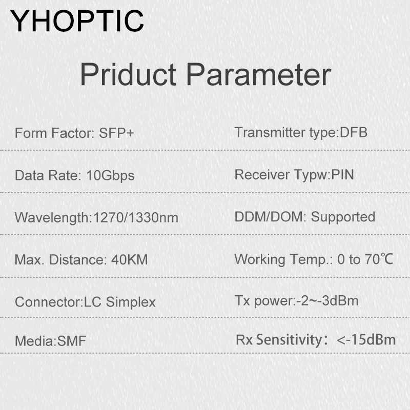 SFP+ER Transceiver 10G 40Km Module Media LC Optical Fiber Module WDM Bidi Singlemode 1270nm/1330nm Optical Fiber
