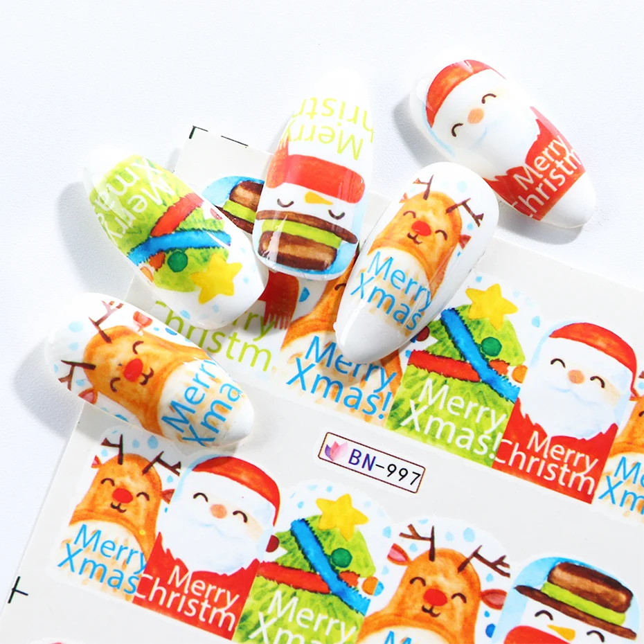 12pcs Christmas Nail Sticker Santa Claus Elk Snowman Gift Water Transfer Slider Full Wrap Xmas Cartoon Winter Decal SABN/A-1