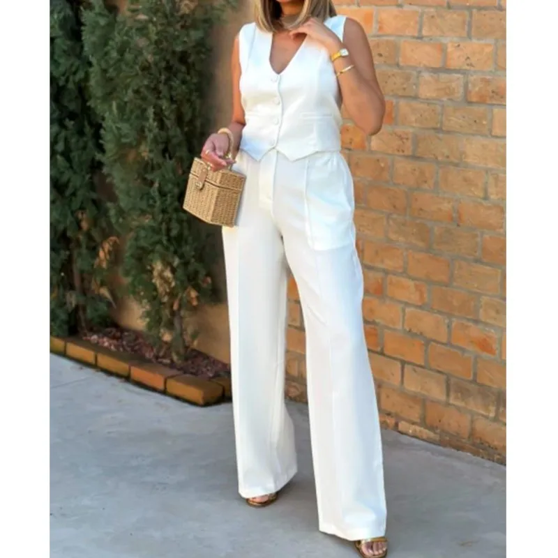 Women Button Vest Wide-leg Pants Suit Elegant Two Piece Set V-neck Solid Single-breasted Top Trouser Office Lady 2 Piece Sets