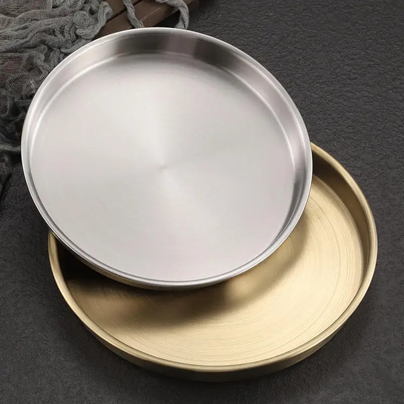 304 Stainless Steel Plate Disc Commercial Golden Flat-bottomed Tray Thickened Cold Skin Sausage Powder Plate Steaming Dish