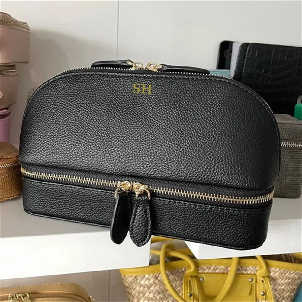 

Personalised Leather Travel Shell Style Bag with Initials, Custom Monogram Cosmetic Bag Travel Jewelry Organizer, Jewellery Case