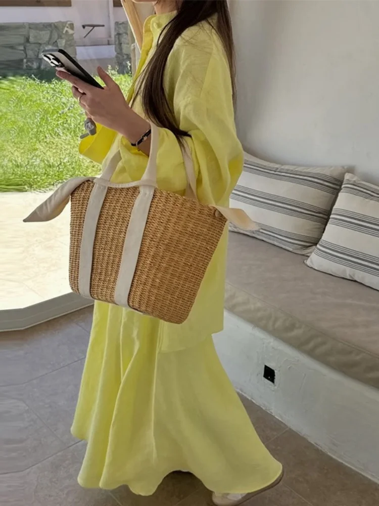 Wmstar Two Piece Set Women Wholesale Woman Clothing 2025 Summer New Casual Loose Long Sleeved Shirt Skirt Yellow Fashion