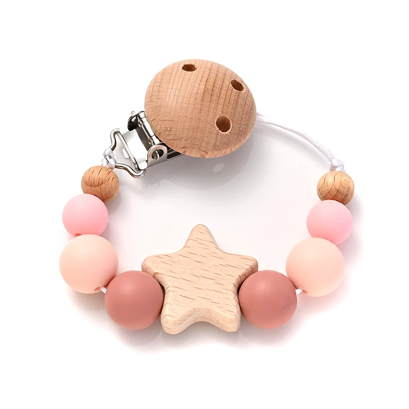 New Baby Pacifier Chain Clips Wood Pentagram Teether Silicone Round Beads Teething Chain For Care Soother Chew Toys Shower Gift 5