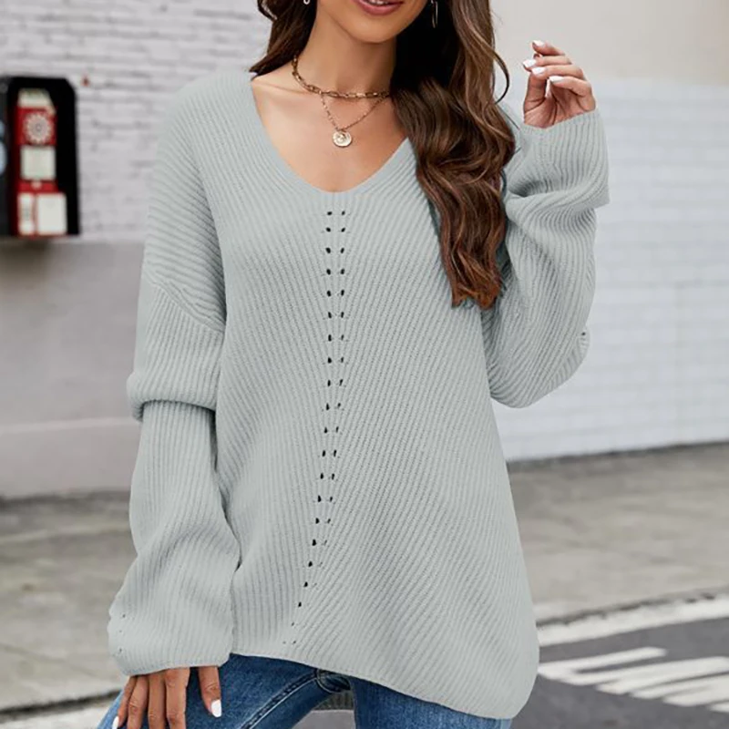 

Loose Long-sleeved Sweater V-neck Backless Sexy and Elegant Pullover Sweater Hollow Striped Autumn Warm Street Sweater for Women