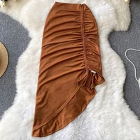 Sexy Draped Irregular Lace up Drawstring Folds Midi Skirt High Split Dress Women Clothes Office Lady Wrap Buttock Elegant Solid - Image 4