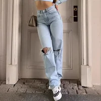 New Hot Sale Of The Season Women's High Waist Comfortable Loose Wide Leg Jeans Casual Long Pants Torn Slimming Effect Cross-Bord