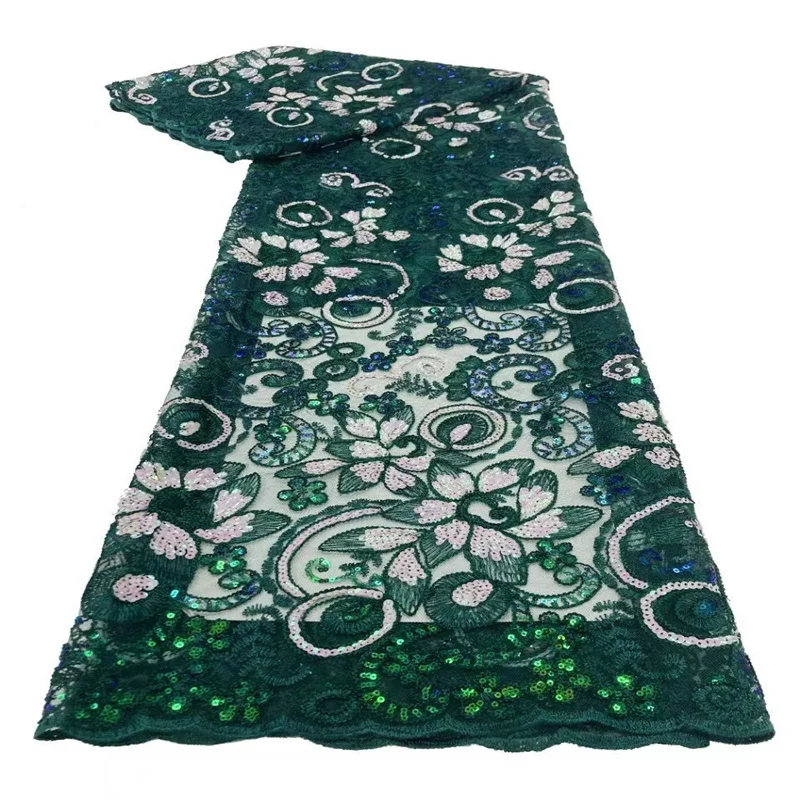 

2023 Fashion Luxury Sequin African Lace Fabric High Quality French Tulle Lace Material For Nigeria Bridal Wedding Sew green