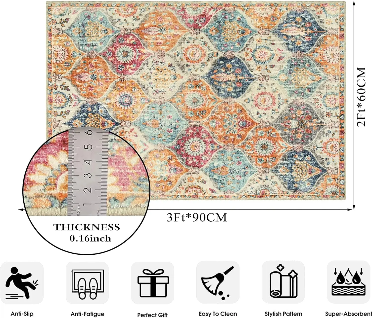 Moroccan Trellis Area Rug 60x90CM Entry Rug Non-Slip Washable Indoor Door Mat Small Throw for Kitchen Entryway Bathroom floor mat
