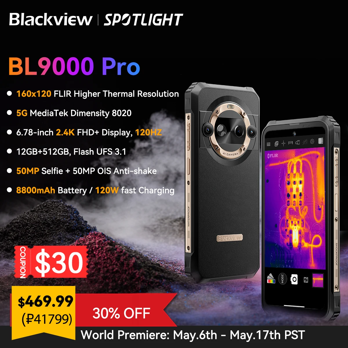 [World Premiere] Blackview BL9000 PRO 5G Rugged Smartphone 6.78'' FHD 12GB 512GB Thermal Imaging Camera FLIR® 8800mAh Android 14