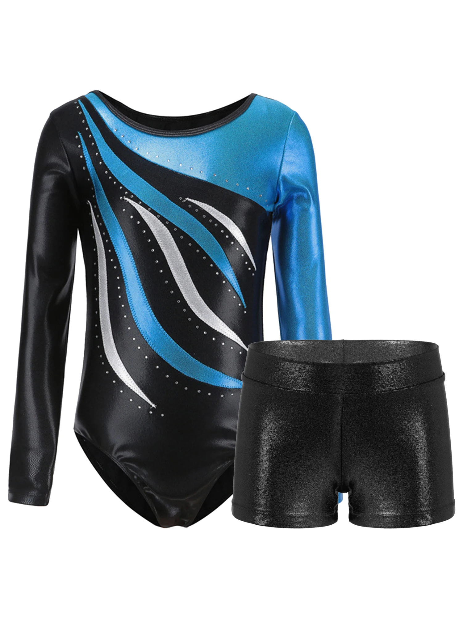 Kids Girls Metallic Long Sleeve Round Neck Gymnastics Wear Sparkling Rhinestones Leotard with Shorts for Dance Fitness Workout