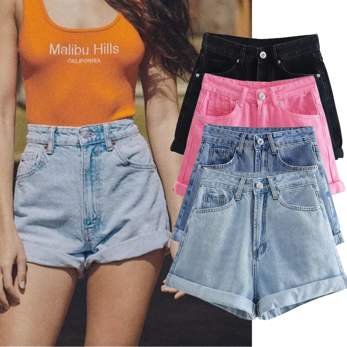 

Withered 2024 High Waist Summer Denim Shorts Girls High Street Loose Bermuda Retro Harem Shorts Women