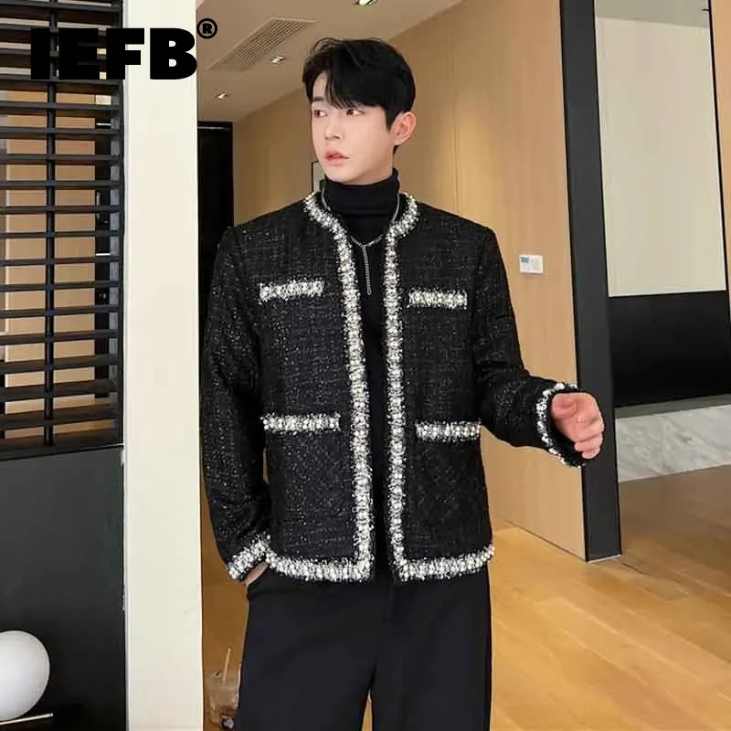 

IEFB Korean Style Luxury Jackets Men's Autumn Trend Weave Outerwear Personality Collarless Pearl Ribbon Niche Design Coat 9C2998