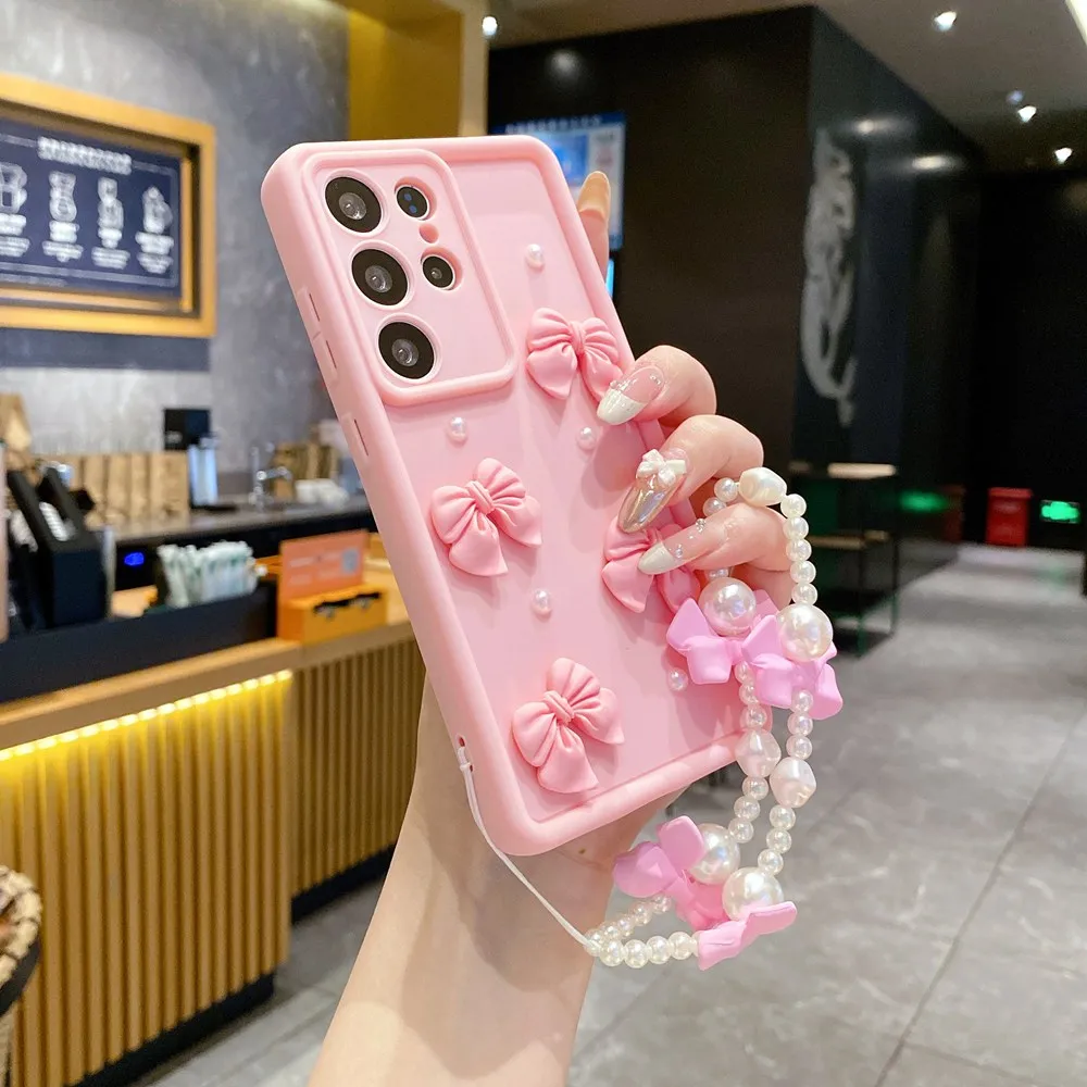 3D Pearl Pink Bow Lanyard Phone Case with Bracelet Wrist Strap - Stylish Soft Cover