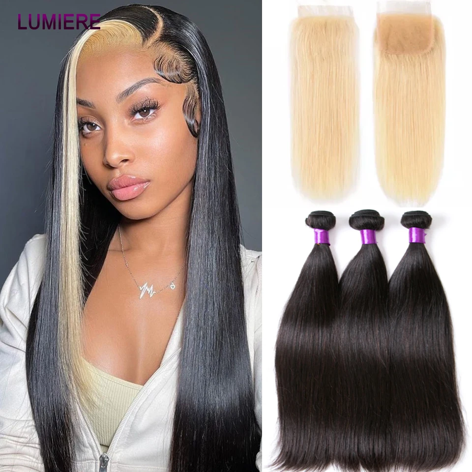 Bone Straight Bundles With Closure 613 Blonde 4x4 HD Lace Closures With